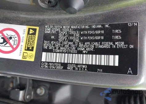 2015 Toyota Highlander Le V6 z USA, uszkodzony, nr VIN 5TDBKRFH5FS118393